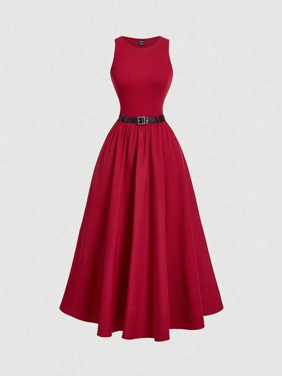 SHEIN MOD فستان أحمر أنيق بدون أكمام مع حزام