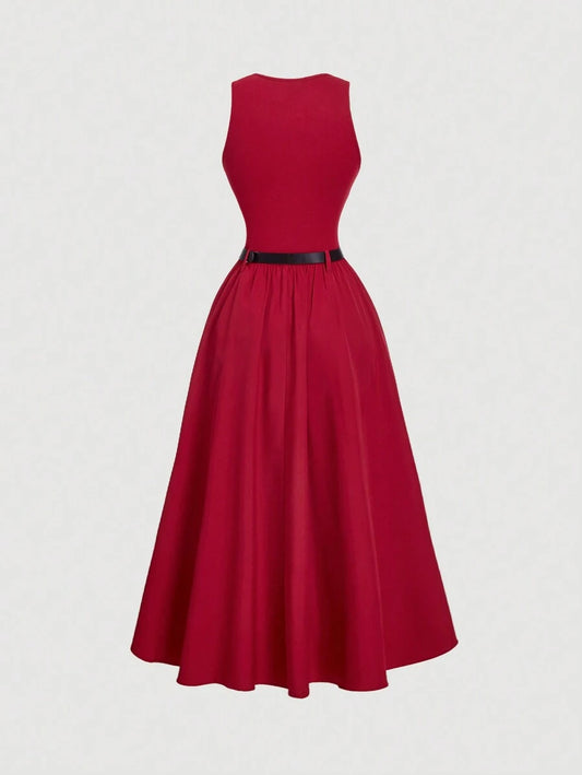 SHEIN MOD فستان أحمر أنيق بدون أكمام مع حزام