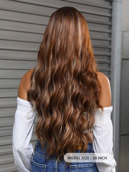 SHEIN باروكة طويلة مموجة بني داكن مع غرة مقاومة