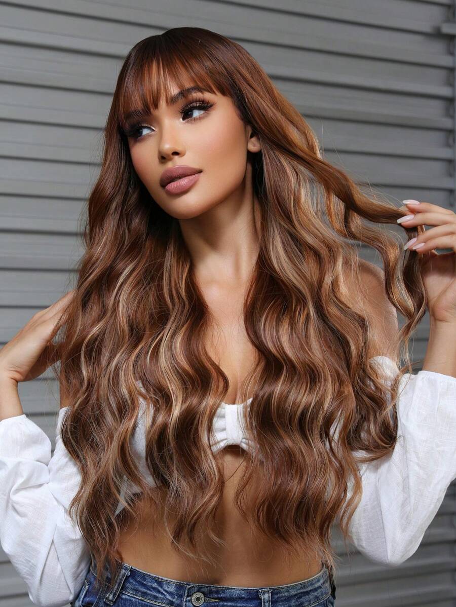 SHEIN باروكة طويلة مموجة بني داكن مع غرة مقاومة