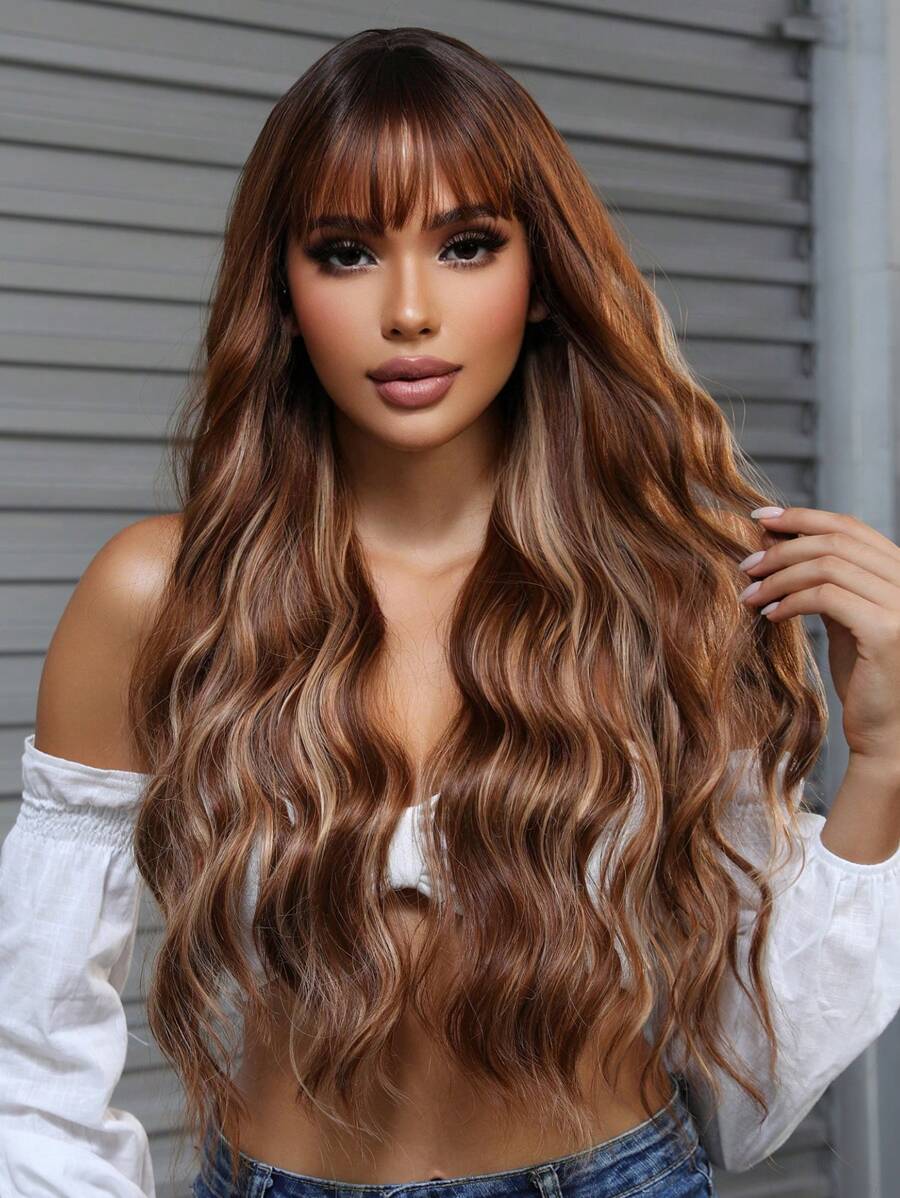 SHEIN باروكة طويلة مموجة بني داكن مع غرة مقاومة