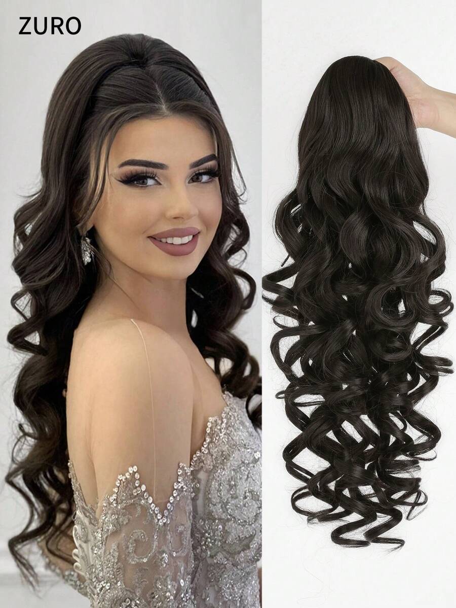 SHEIN باروكة شعر طويل 22 بوصة بلون أسود مموج بمشبك وسحاب