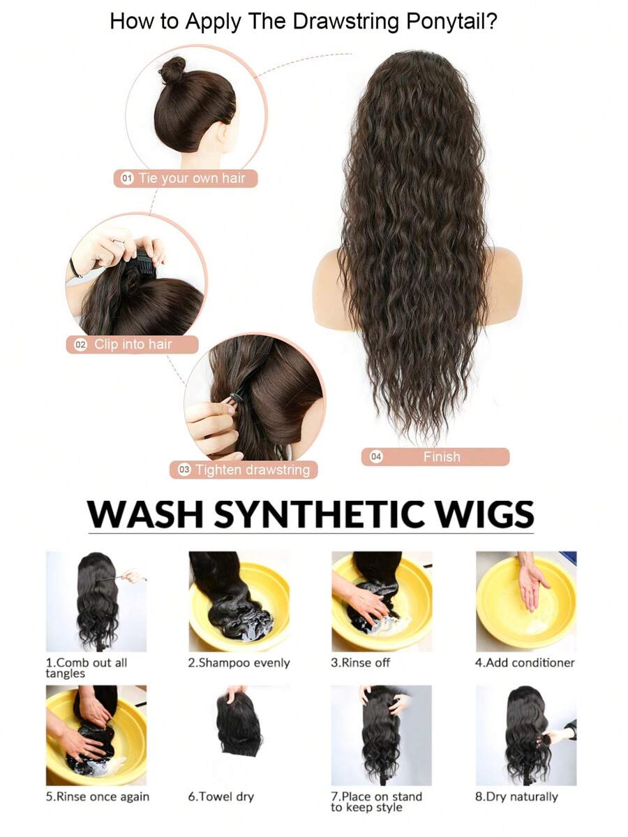 SHEIN باروكة شعر طويل 22 بوصة بلون أسود مموج بمشبك وسحاب