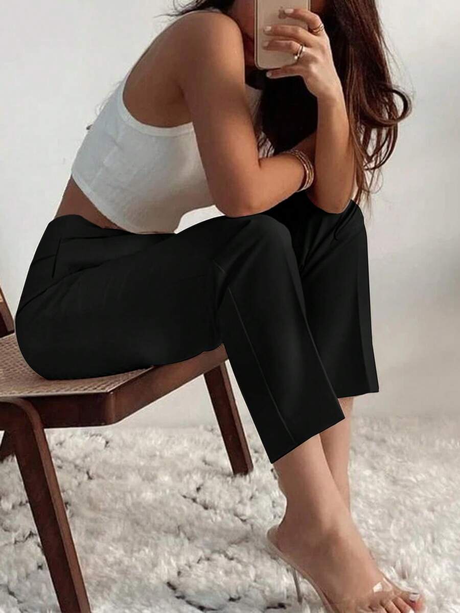 SHEIN بنطلون أسود ضيق بجيوب جانبية مطوية بتصميم أنيق وكاجوال