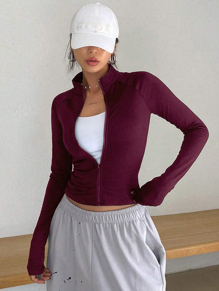 SHEIN DAZY جاكيت نسائي رياضي خفيف بسحاب وبلون عنابي