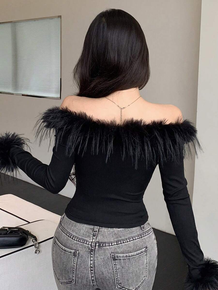 SHEIN DAZY قميص أسود أنيق بأكمام طويلة وأكتاف مكشوفة