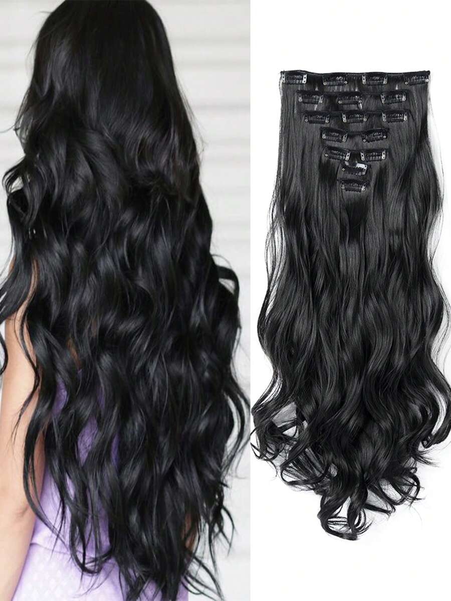 SHEIN طقم 7 قطع امتدادات شعر طويل مجعد أسود