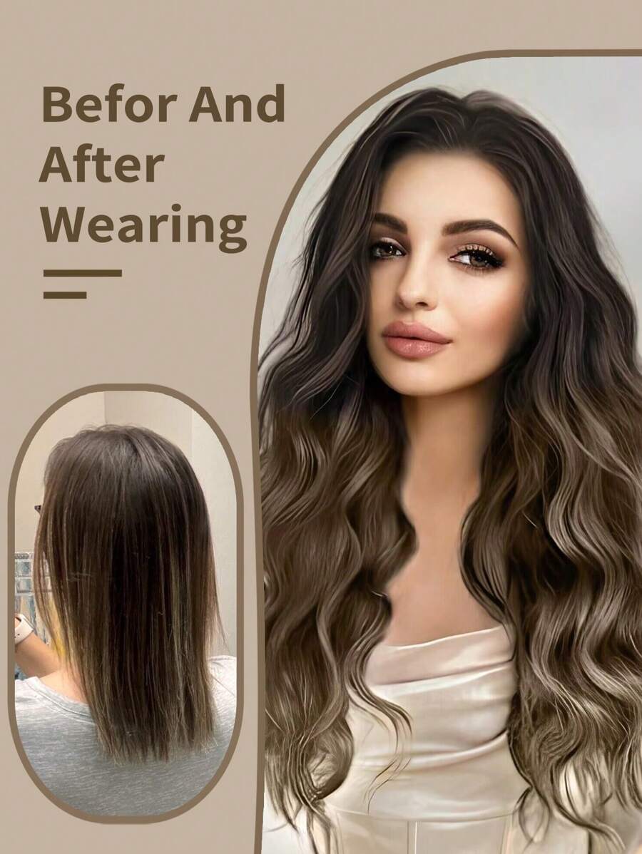 SHEIN باروكة إضافات شعر 7 قطع 22 بوصة بلون أسود بني متموج