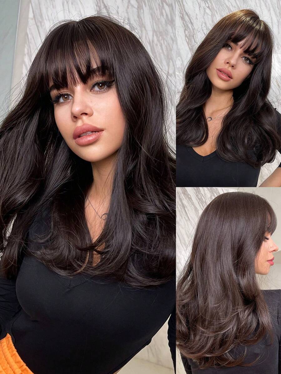 SHEIN باروكة صناعية بلون بني داكن بطول 20 بوصة
