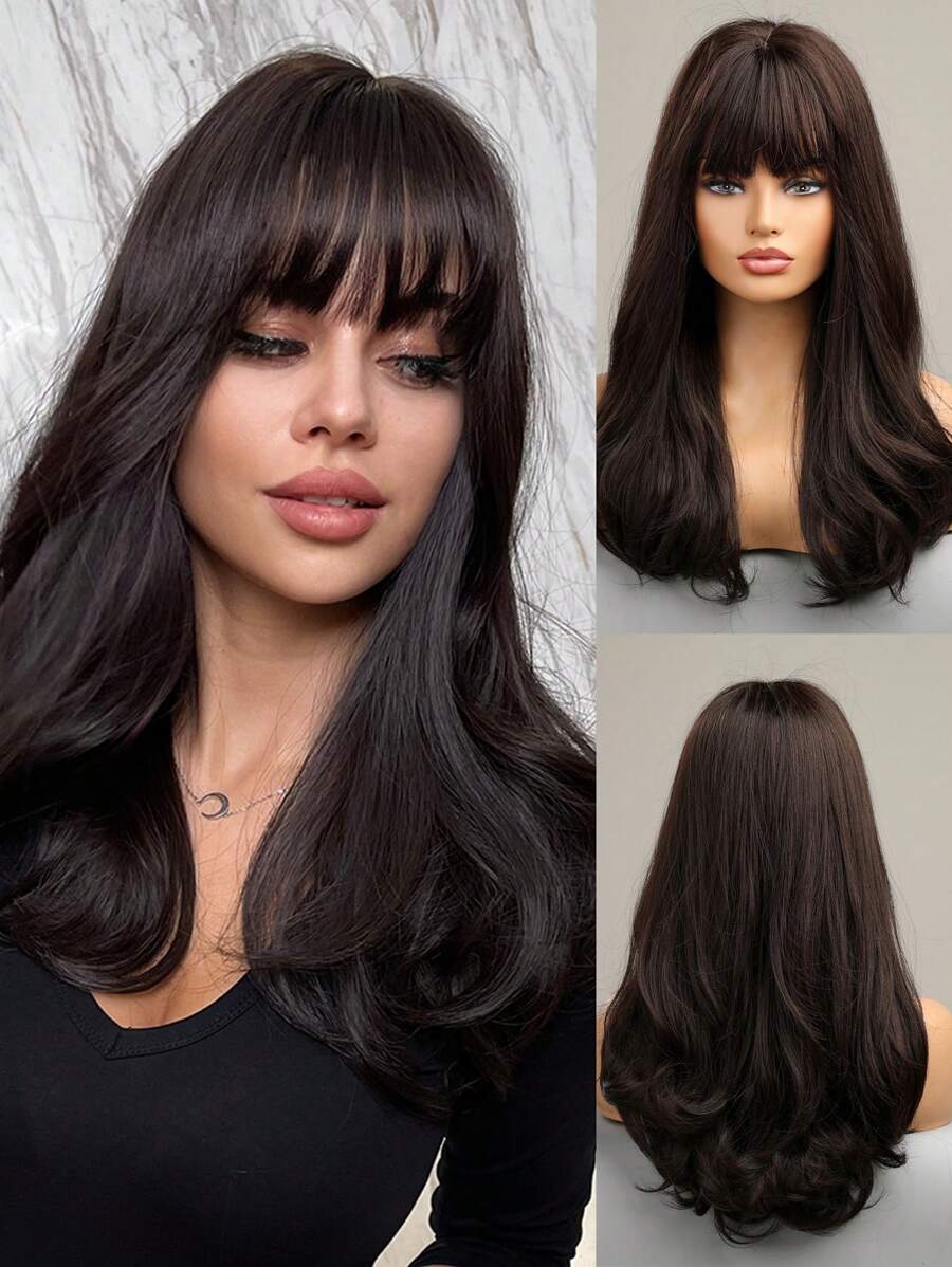 SHEIN باروكة صناعية بنية داكنة 20 بوصة