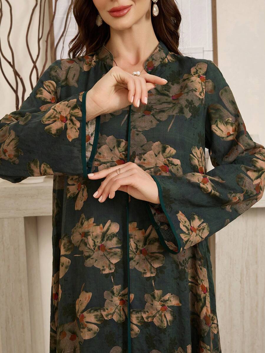 SHEIN Al Najma فستان طويل الأكمام بطبعة زهور عربي ماكسي