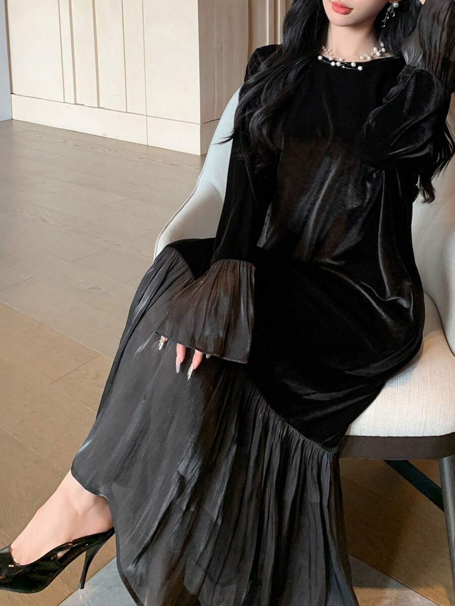 SHEIN FRIFUL فستان اسود متوسط الطول مبطن حراريًا بتصميم لوحات