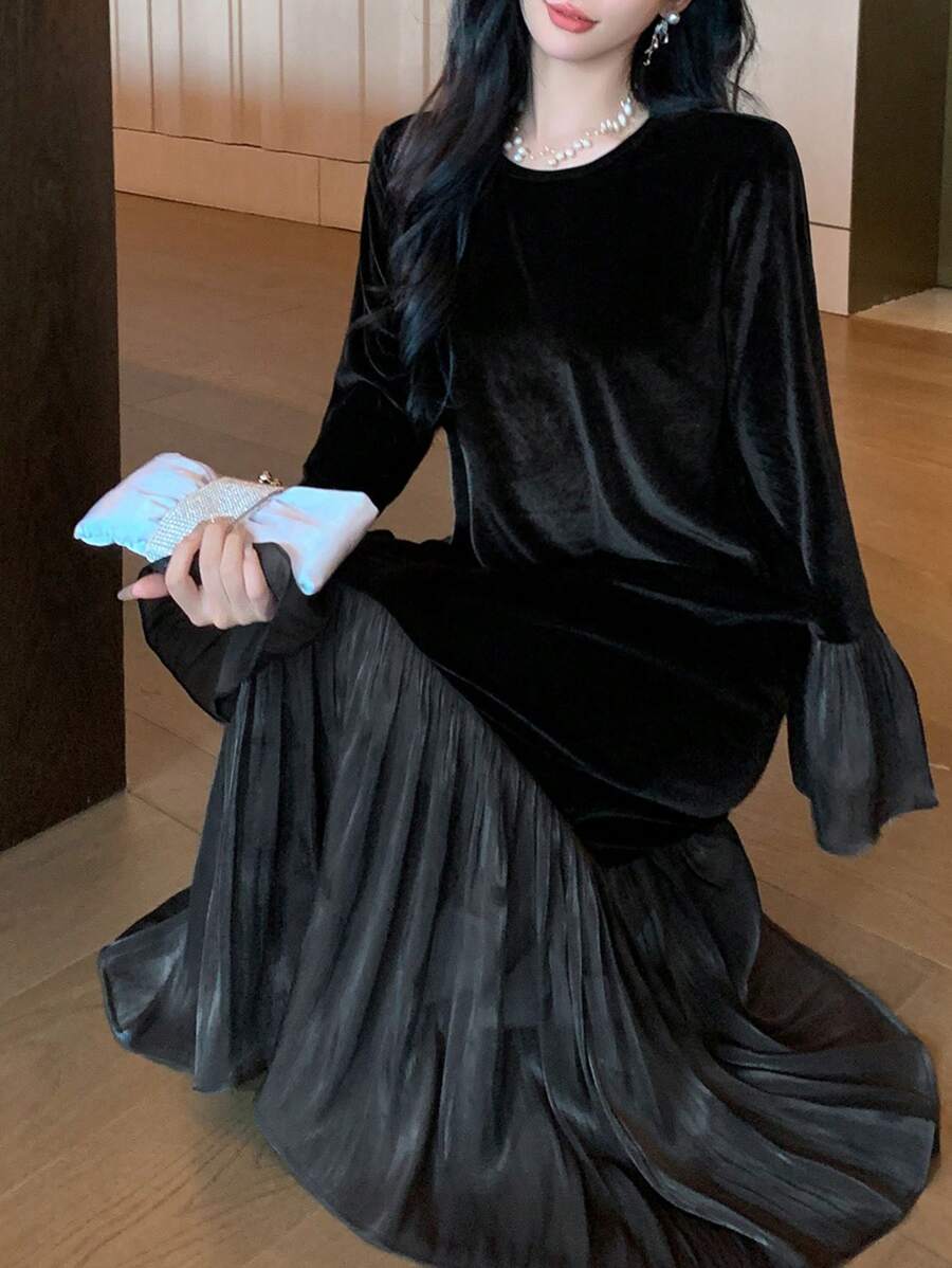 SHEIN FRIFUL فستان اسود متوسط الطول مبطن حراريًا بتصميم لوحات