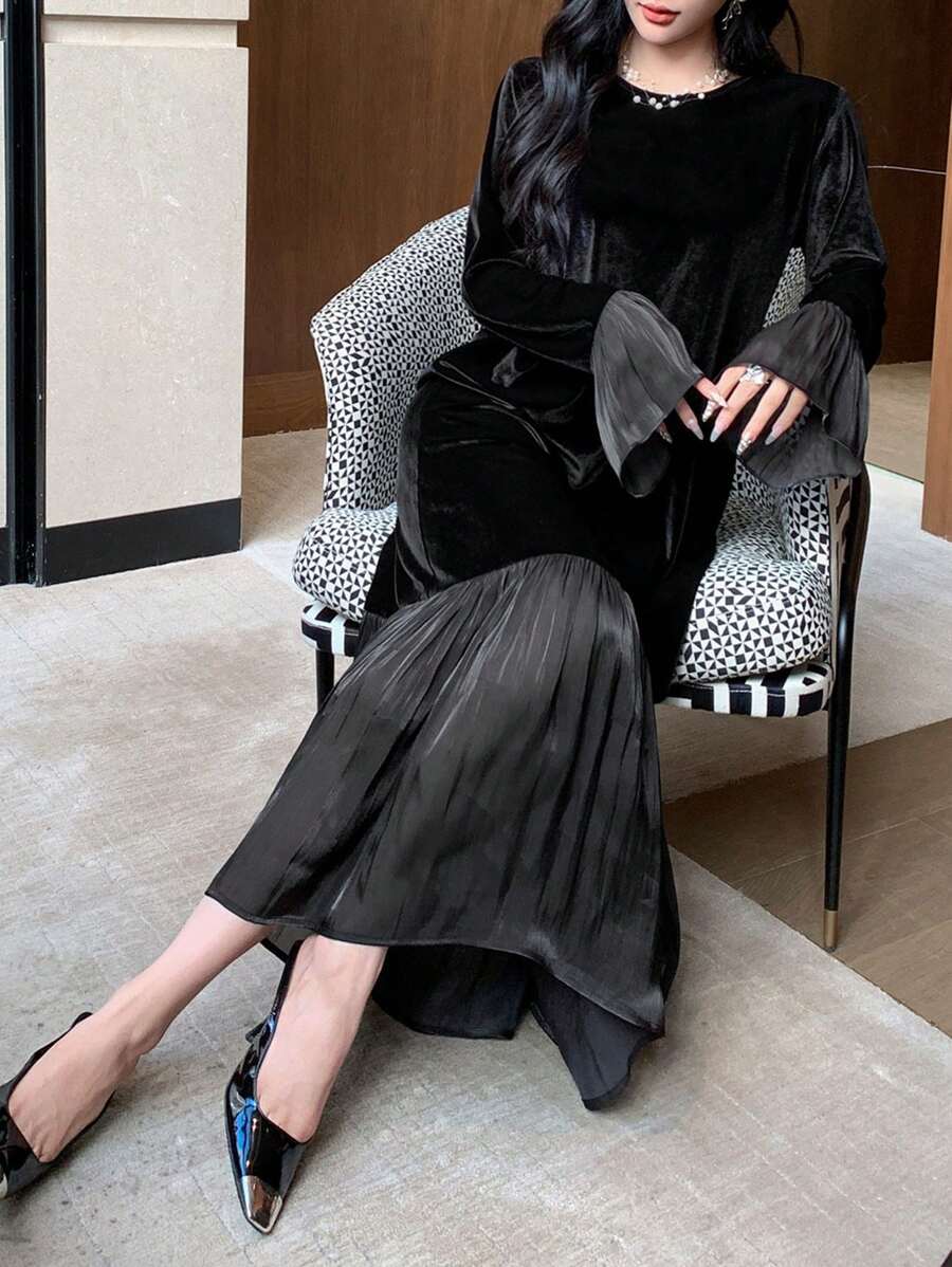 SHEIN FRIFUL فستان اسود متوسط الطول مبطن حراريًا بتصميم لوحات