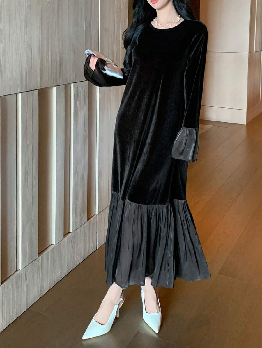 SHEIN FRIFUL فستان اسود متوسط الطول مبطن حراريًا بتصميم لوحات