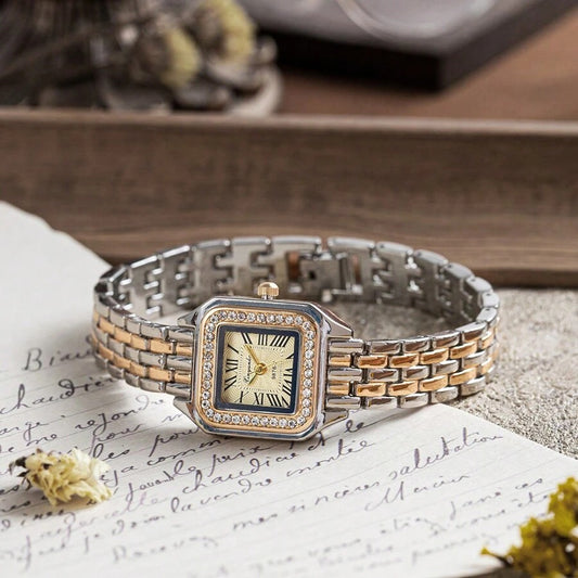 SHEIN ساعة نسائية مربعة فاخرة باللون الذهبي