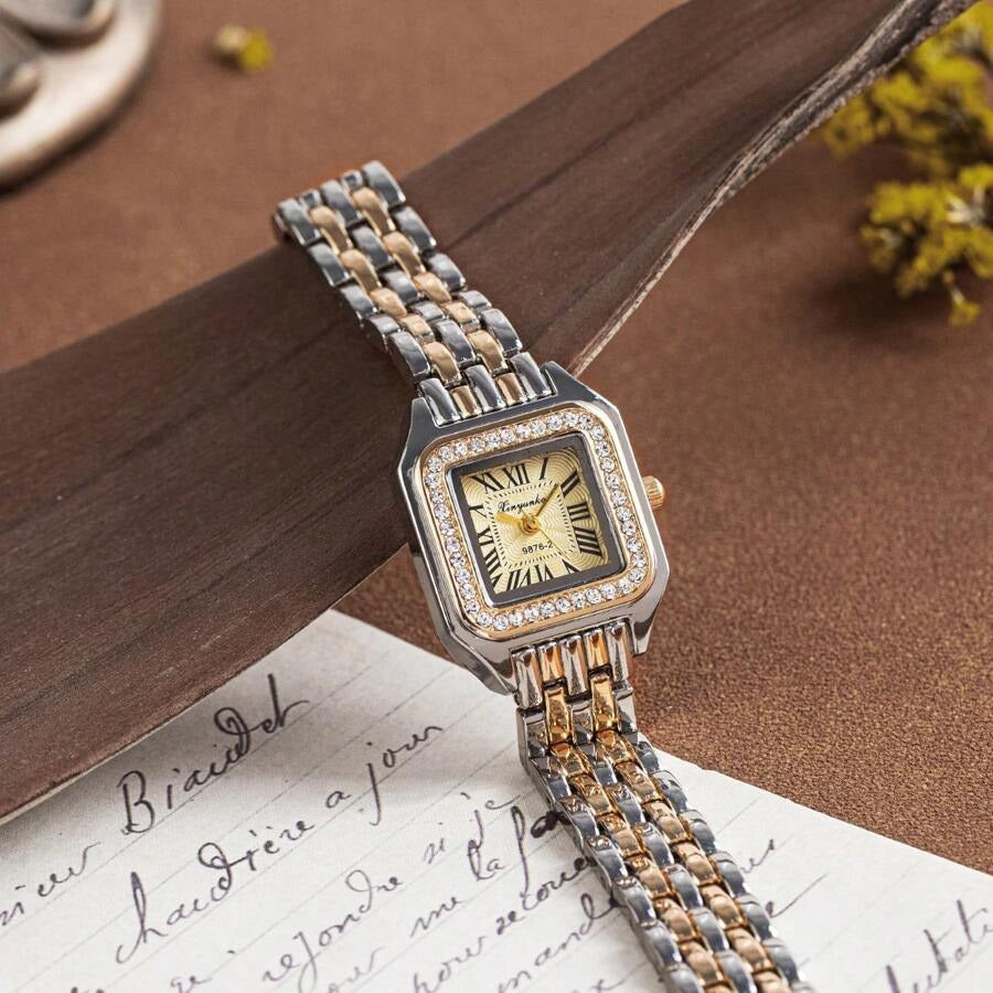 SHEIN ساعة نسائية مربعة فاخرة باللون الذهبي