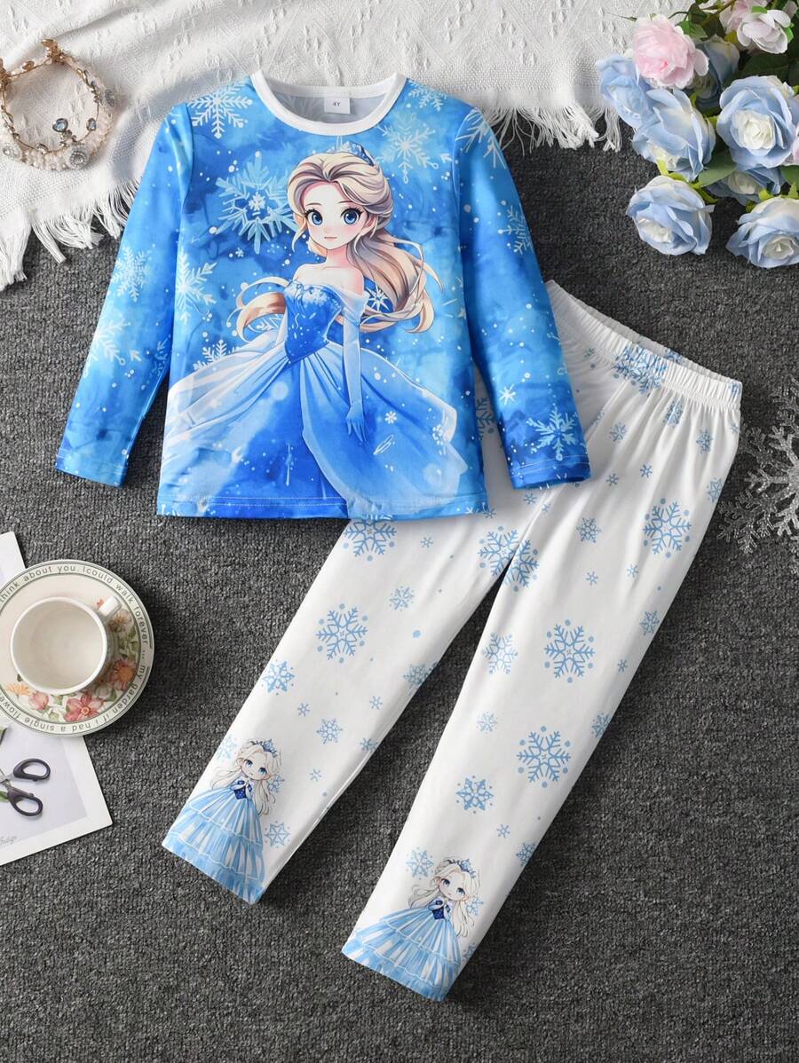 SHEIN طقم بيجاما 2 قطعة للفتاة الصغيرة بطباعة ثلوج كاجوال
