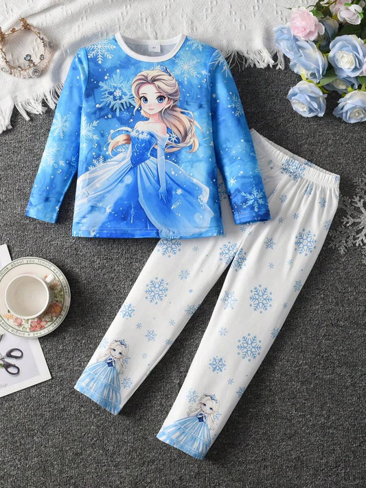 SHEIN طقم بيجاما 2 قطعة للفتاة الصغيرة بطباعة ثلوج كاجوال