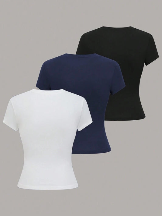 SHEIN Holdful طقم 3 تي شيرت نسائي قصير الأكمام كاجوال