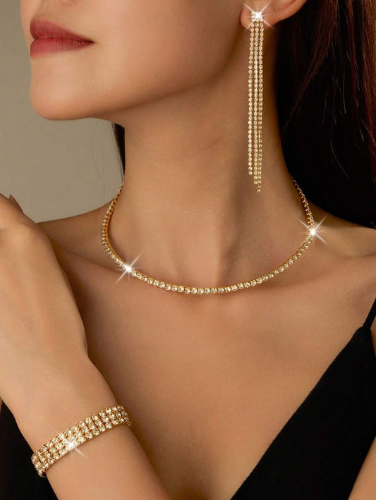 SHEIN طقم مجوهرات ذهبية قلادة وأقراط وأساور لامعة