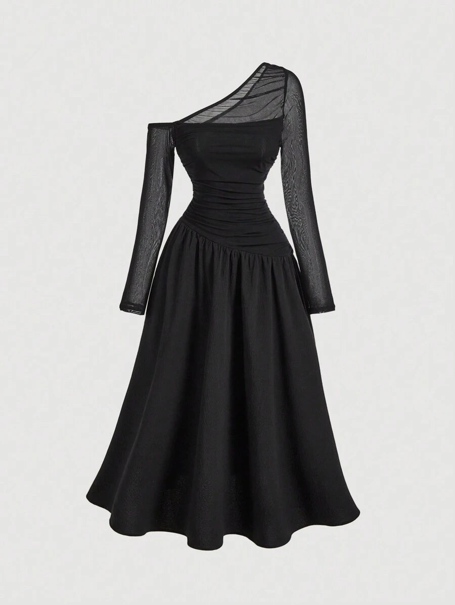 SHEIN MOD فستان أسود طويل الأكمام بتصميم مطوي وأنيق