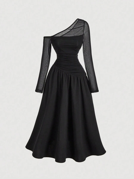 SHEIN MOD فستان أسود طويل الأكمام بتصميم مطوي وأنيق