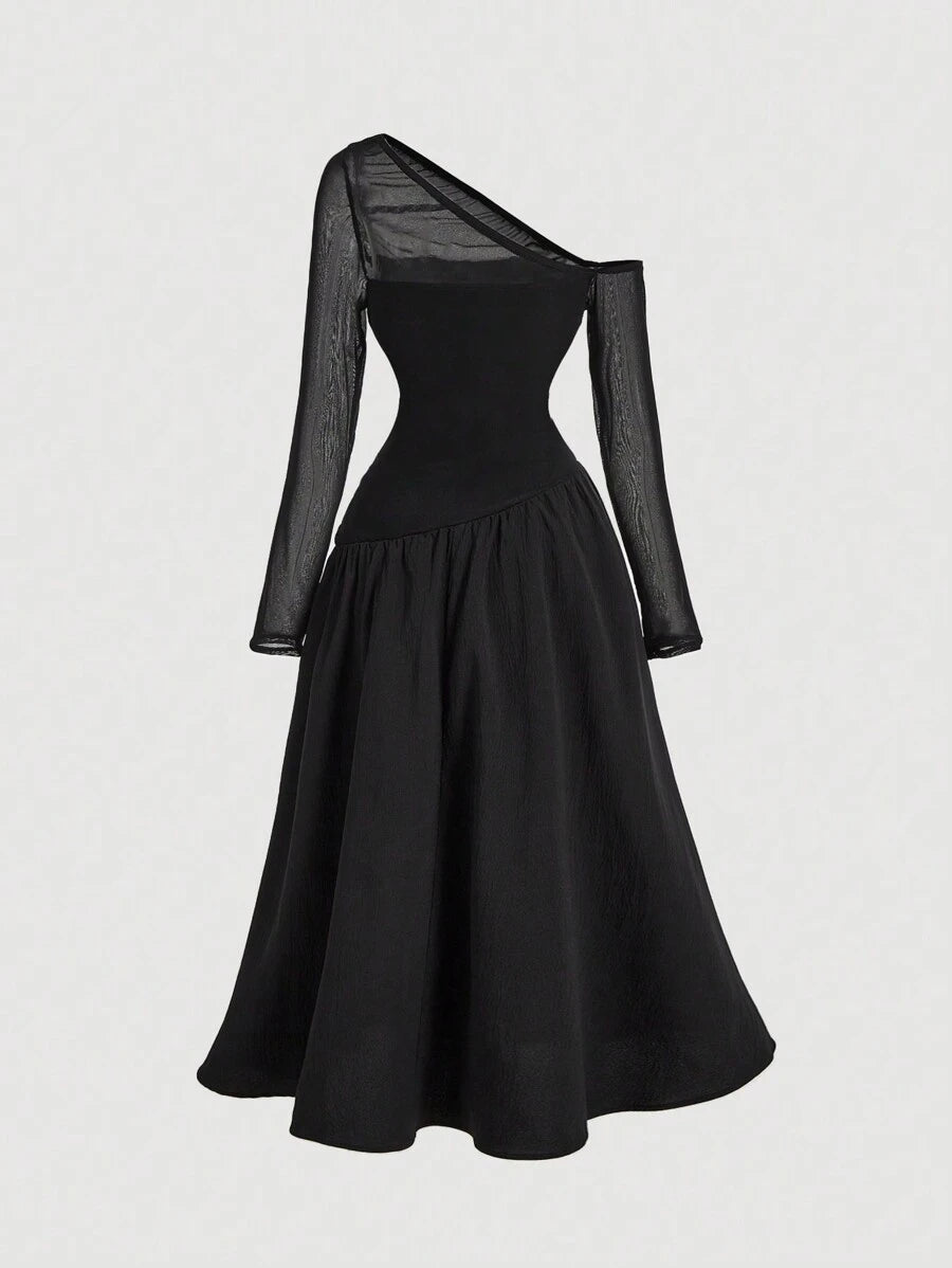 SHEIN MOD فستان أسود طويل الأكمام بتصميم مطوي وأنيق