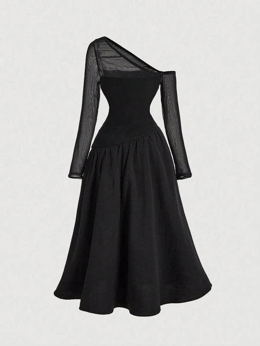SHEIN MOD فستان أسود طويل الأكمام بتصميم مطوي وأنيق