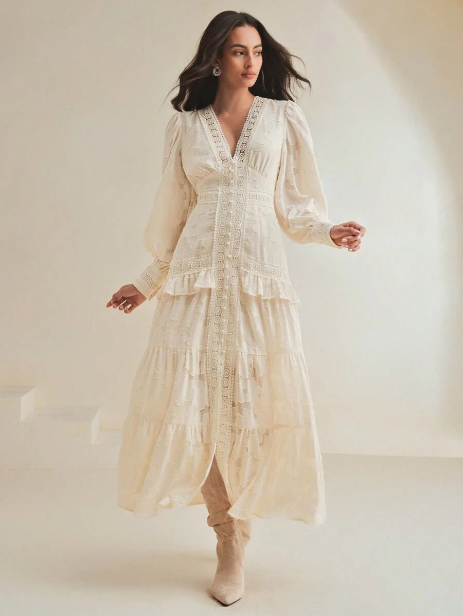 SHEIN Anewsta فستان ماكسي بأكمام منتفخة وخصر مربوط بلون مشمشي
