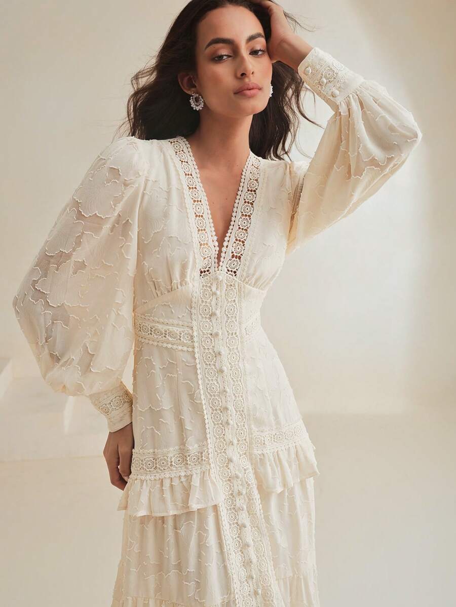 SHEIN Anewsta فستان ماكسي بأكمام منتفخة وخصر مربوط بلون مشمشي