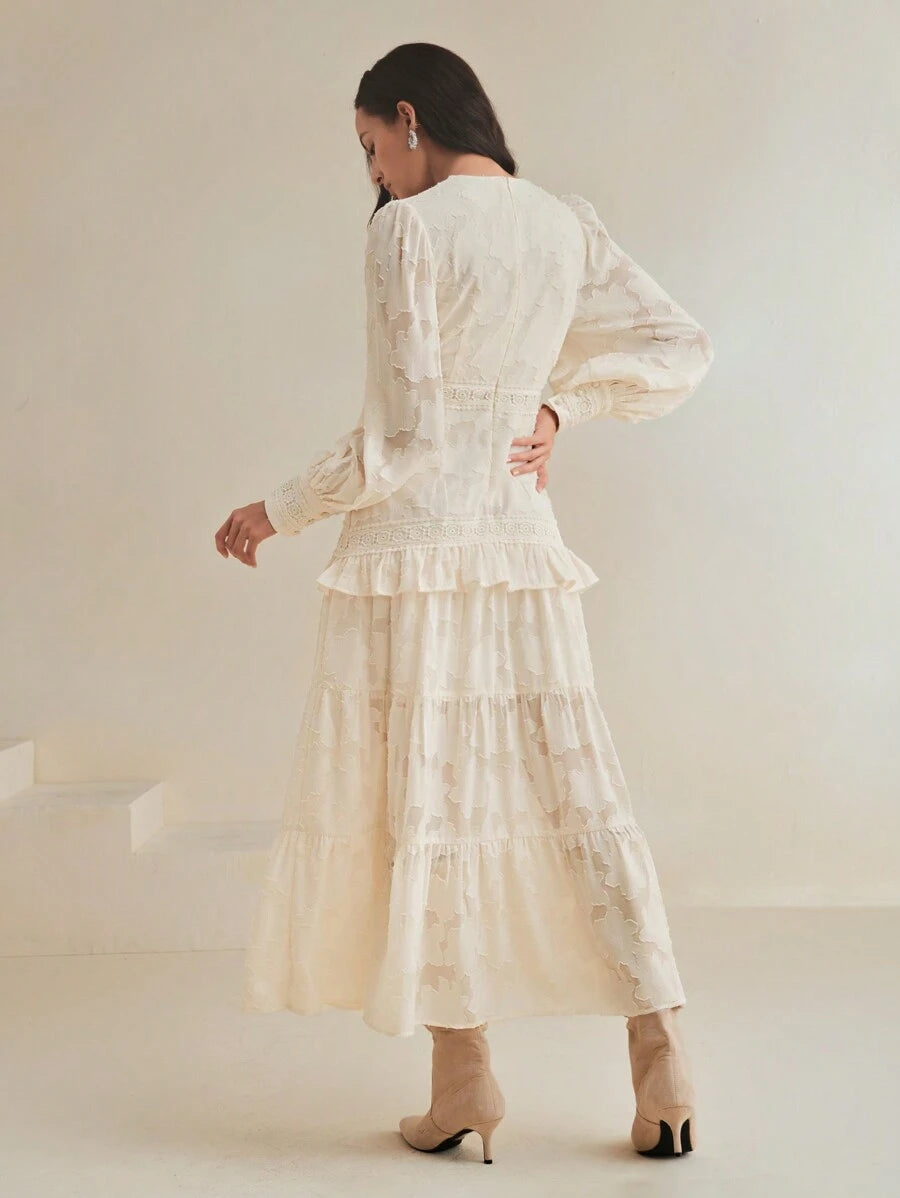 SHEIN Anewsta فستان ماكسي بأكمام منتفخة وخصر مربوط بلون مشمشي