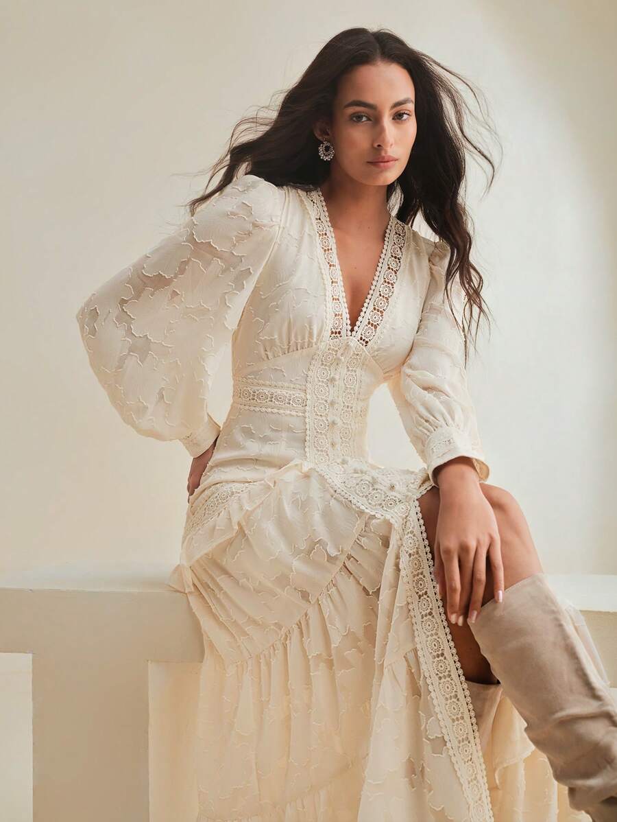 SHEIN Anewsta فستان ماكسي بأكمام منتفخة وخصر مربوط بلون مشمشي
