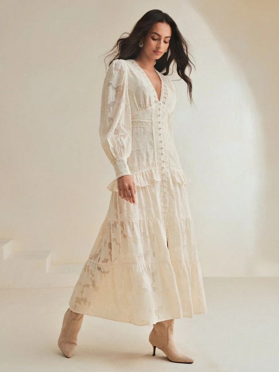 SHEIN Anewsta فستان ماكسي بأكمام منتفخة وخصر مربوط بلون مشمشي