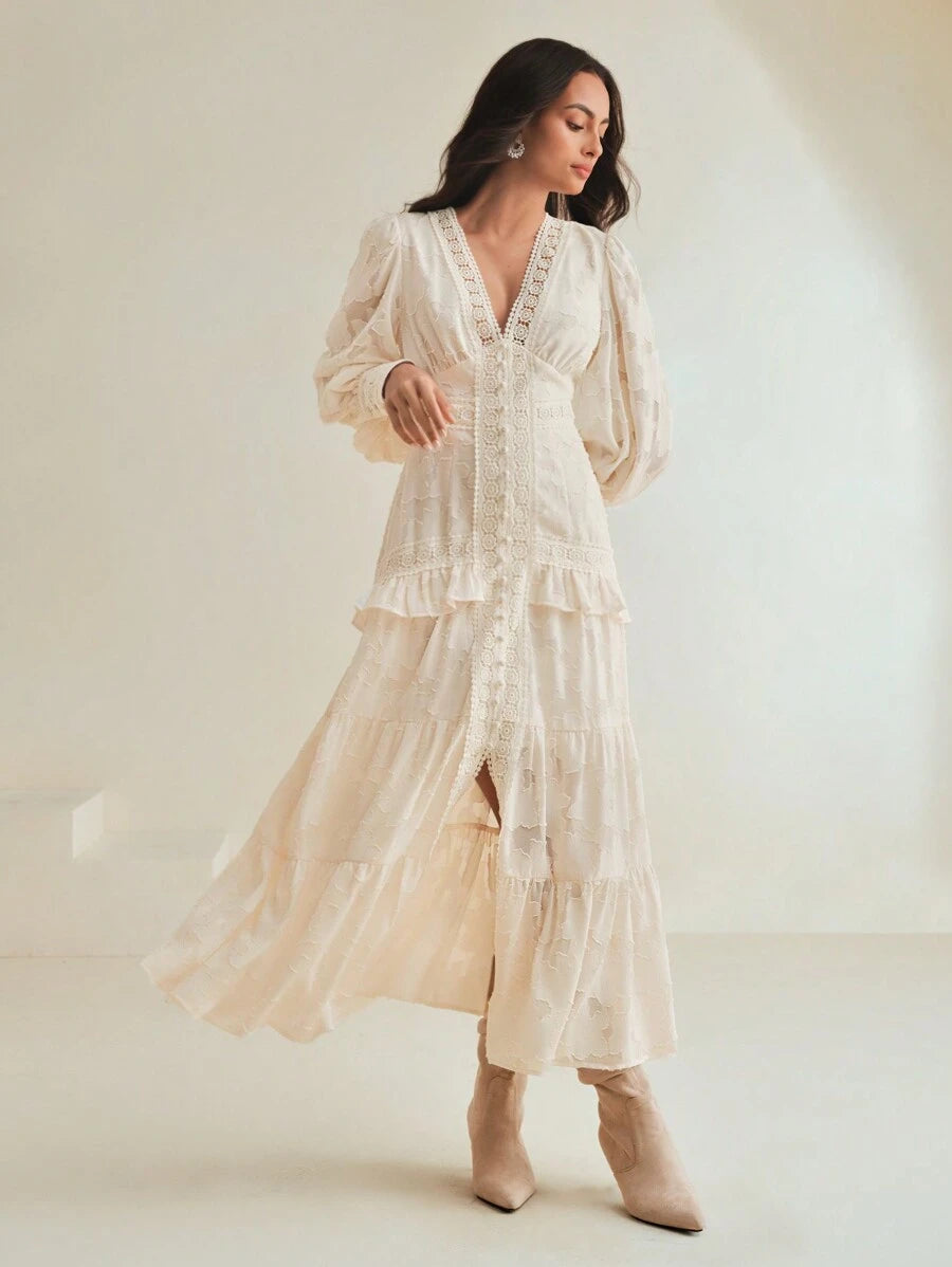 SHEIN Anewsta فستان ماكسي بأكمام منتفخة وخصر مربوط بلون مشمشي