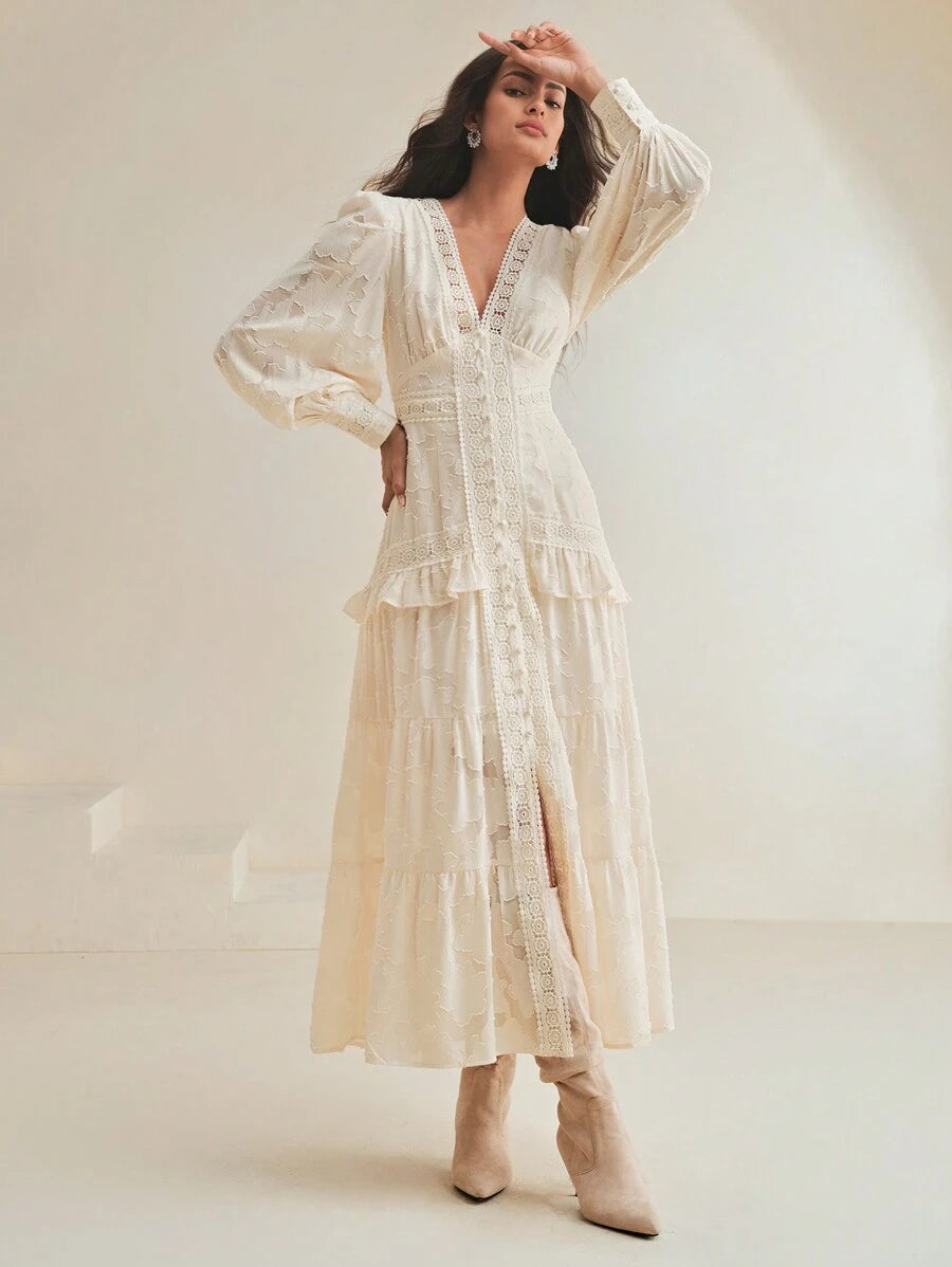 SHEIN Anewsta فستان ماكسي بأكمام منتفخة وخصر مربوط بلون مشمشي
