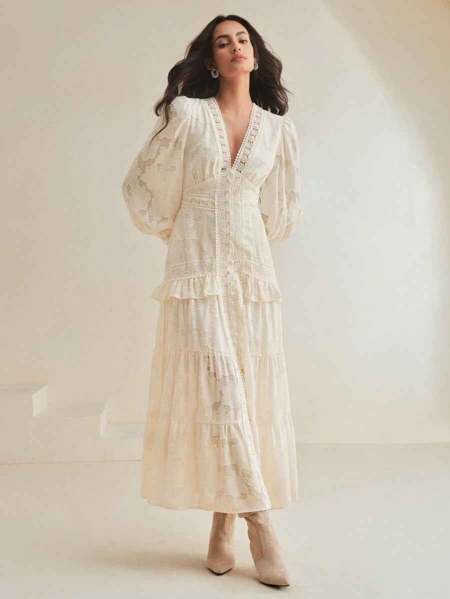 SHEIN Anewsta فستان ماكسي بأكمام منتفخة وخصر مربوط بلون مشمشي