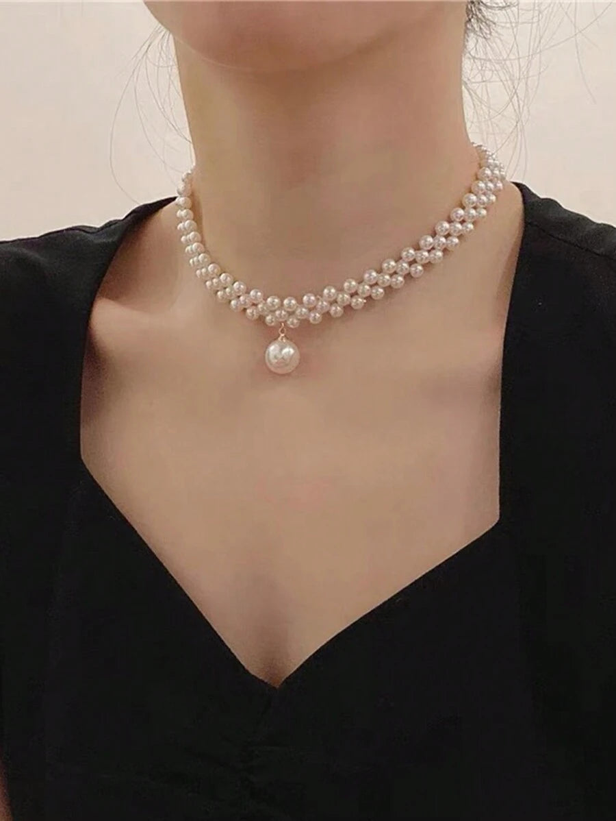 SHEIN مجموعة مجوهرات بيضاء 3 قطع بلؤلؤ اصطناعي