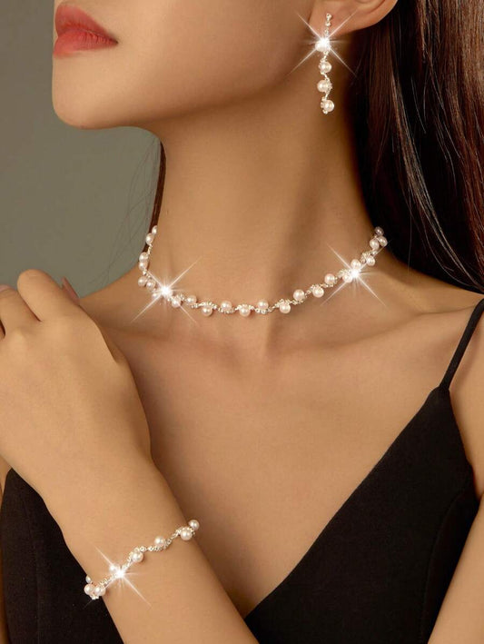 SHEIN طقم مجوهرات 3 قطع ابيض مرصع بالألماس واللؤلؤ
