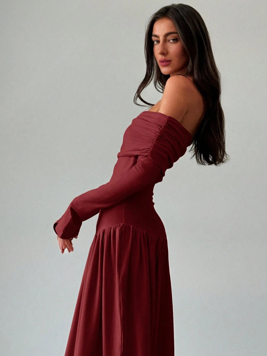 SHEIN Aloruh فستان ماكسي عنابي بأكمام طويلة