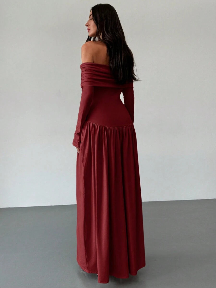 SHEIN Aloruh فستان ماكسي عنابي بأكمام طويلة