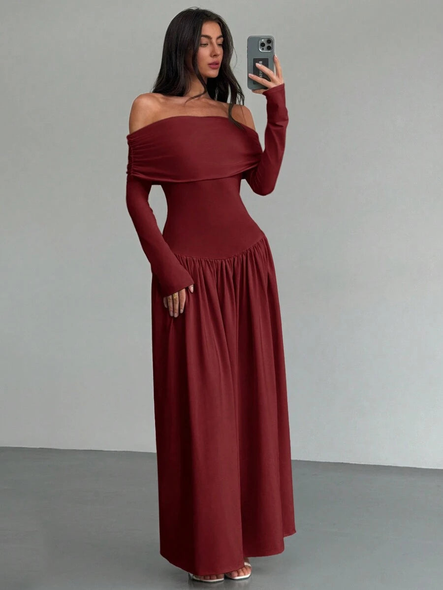 SHEIN Aloruh فستان ماكسي عنابي بأكمام طويلة