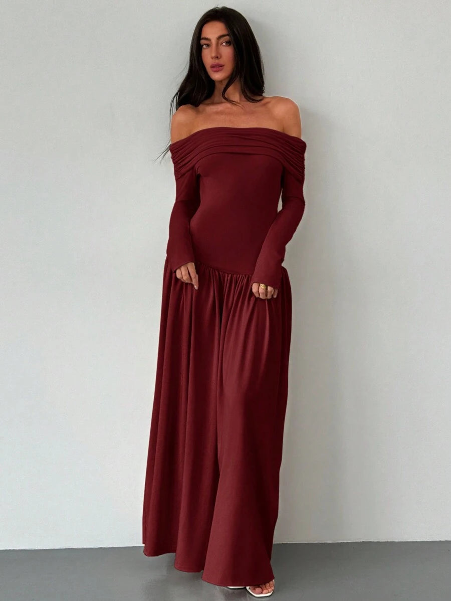SHEIN Aloruh فستان ماكسي عنابي بأكمام طويلة