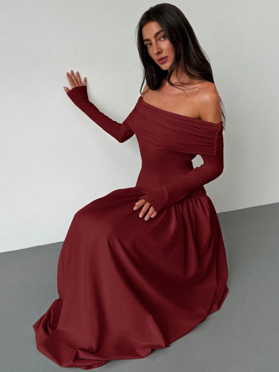 SHEIN Aloruh فستان ماكسي عنابي بأكمام طويلة