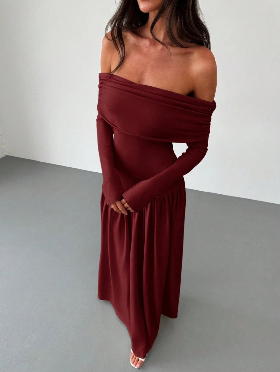 SHEIN Aloruh فستان ماكسي عنابي بأكمام طويلة
