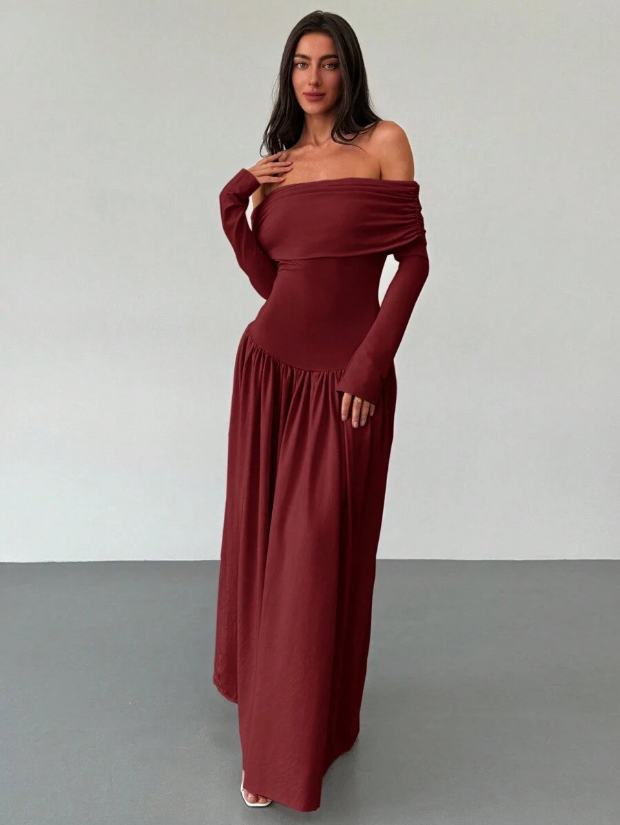 SHEIN Aloruh فستان ماكسي عنابي بأكمام طويلة