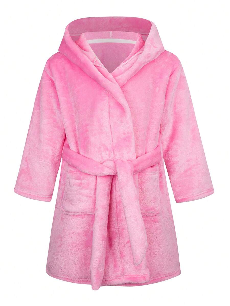 SHEIN روب حمام قطيفي وردي سميك دافئ للفتيات