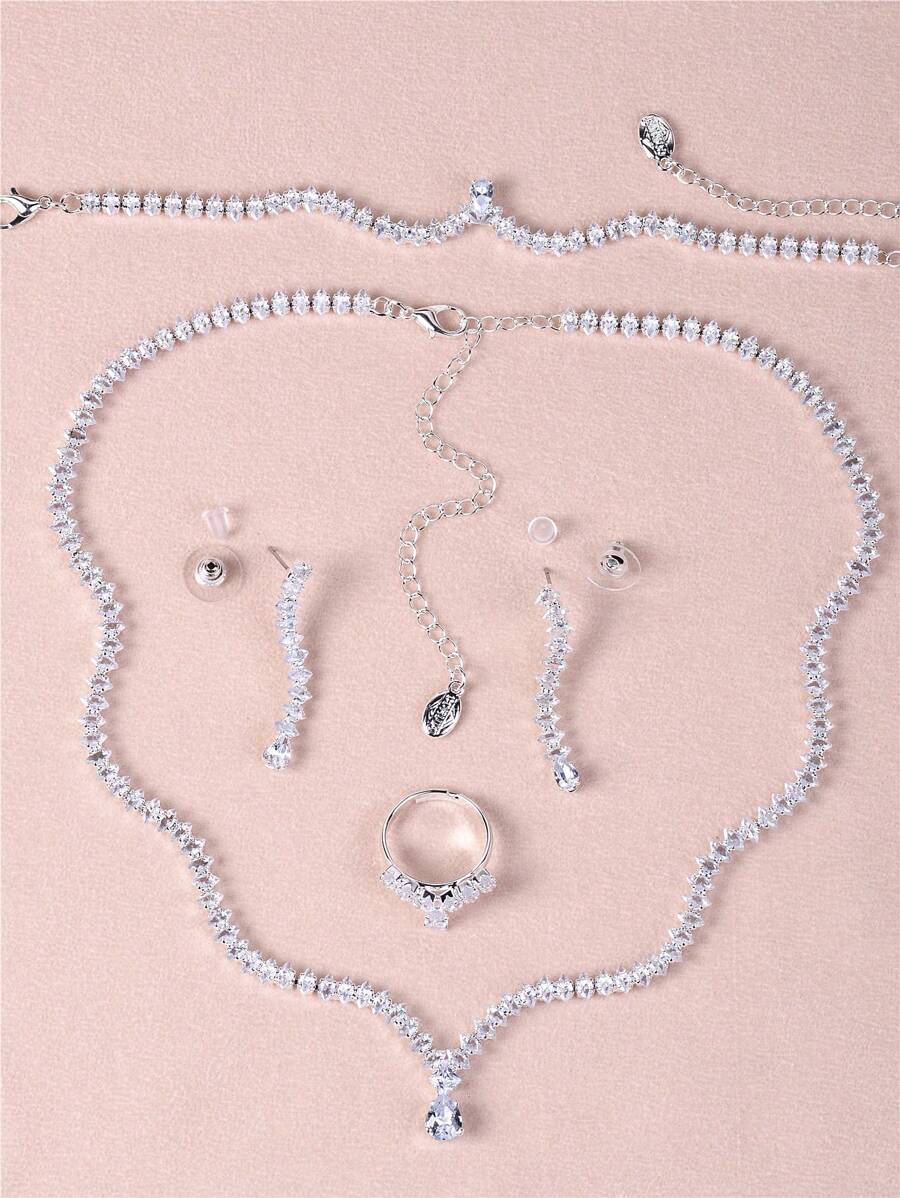 SHEIN طقم قلادة فضي زركونيا بشكل قطرة ماء