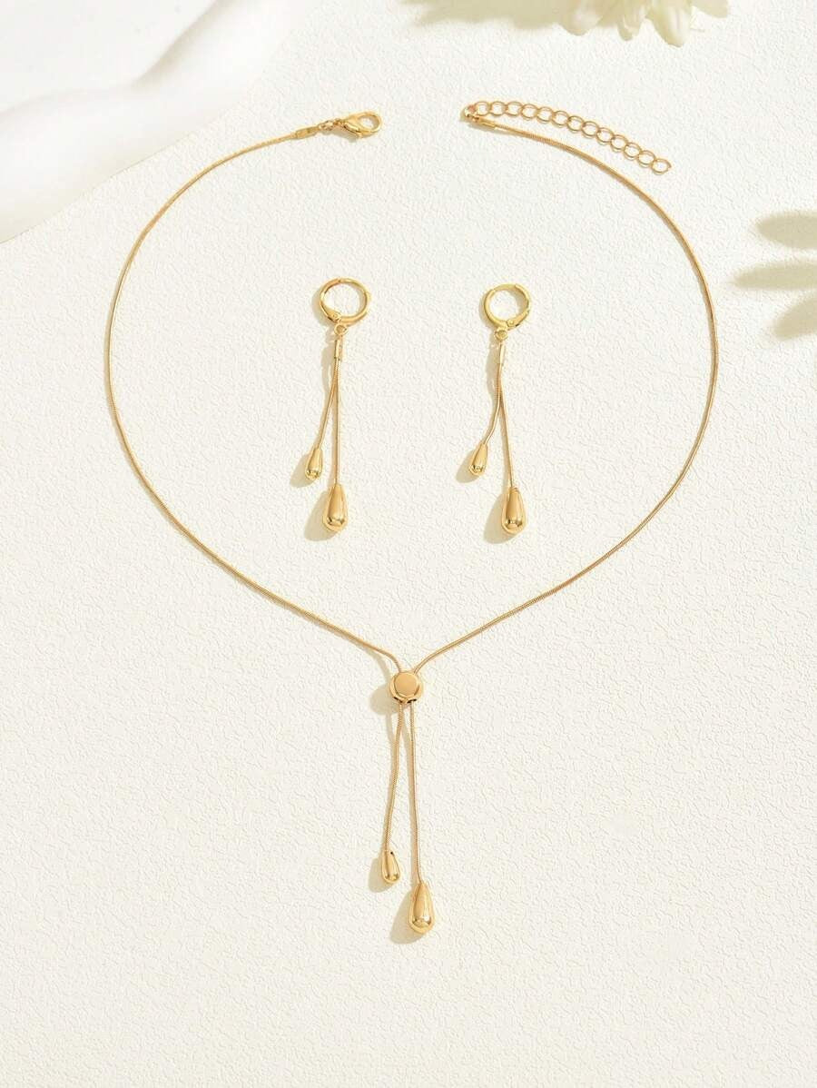 SHEIN طقم 2 قطعة مجوهرات ذهبي قلادة وأقراط قطرة ماء