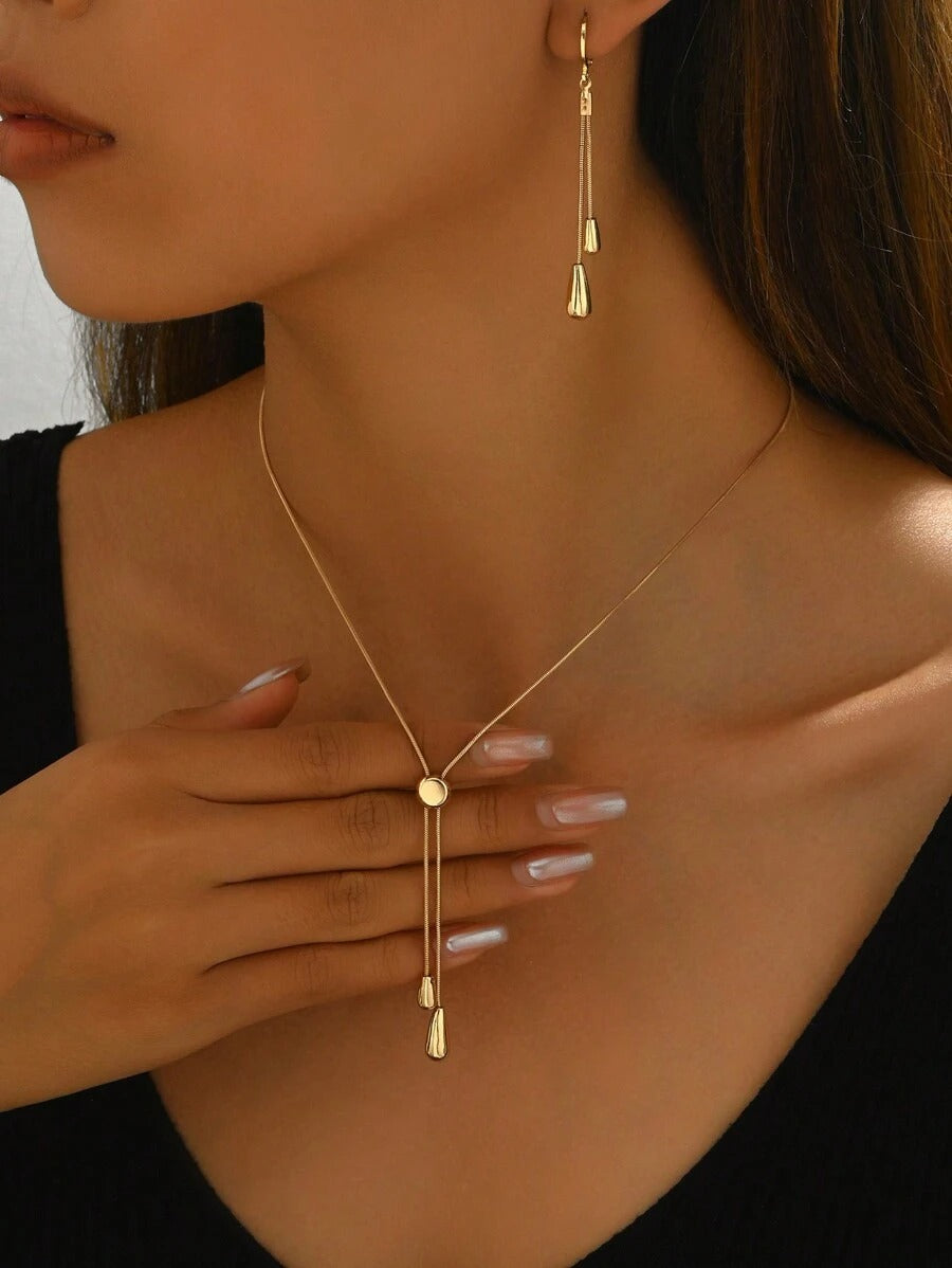 SHEIN طقم 2 قطعة مجوهرات ذهبي قلادة وأقراط قطرة ماء